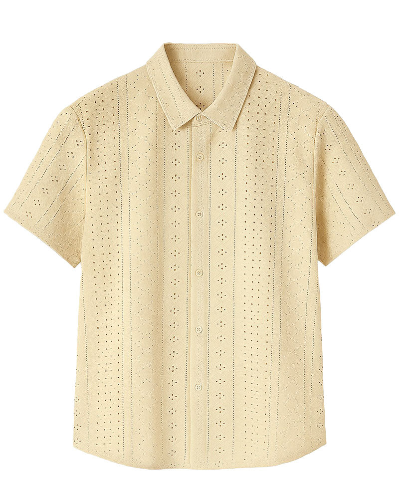 Men’s Beige Eyelet Short Sleeve Button-Down Shirt – Lightweight Breezy Summer Style