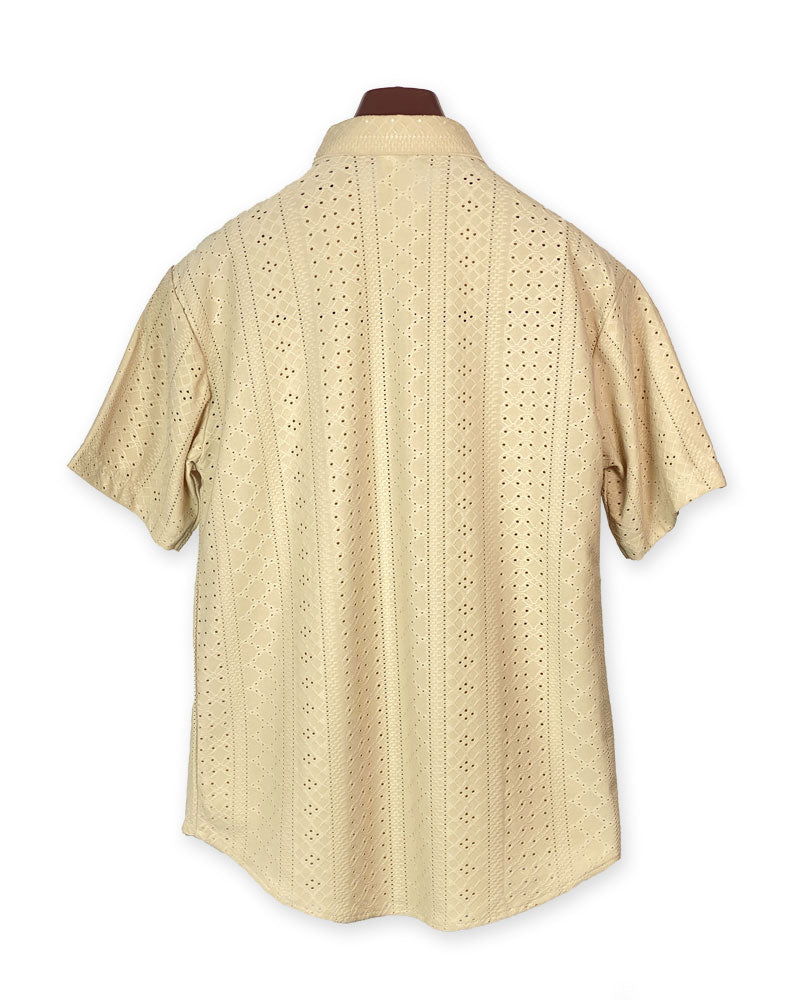 Men’s Beige Eyelet Short Sleeve Button-Down Shirt – Lightweight Breezy Summer Style