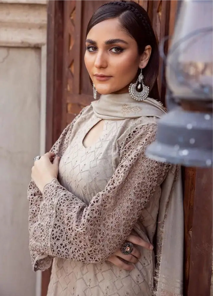 Mahees by Riaz Arts Embroidered Leather Peach Suits Unstitched 3 Piece - Winter Collection
