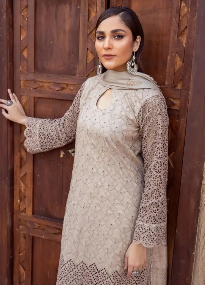 Mahees by Riaz Arts Embroidered Leather Peach Suits Unstitched 3 Piece - Winter Collection