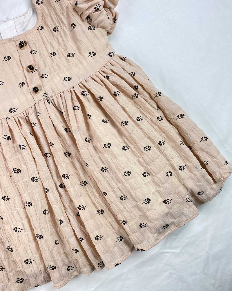 Peach Puff Sleeve Baby Dress with Tiny Floral Print