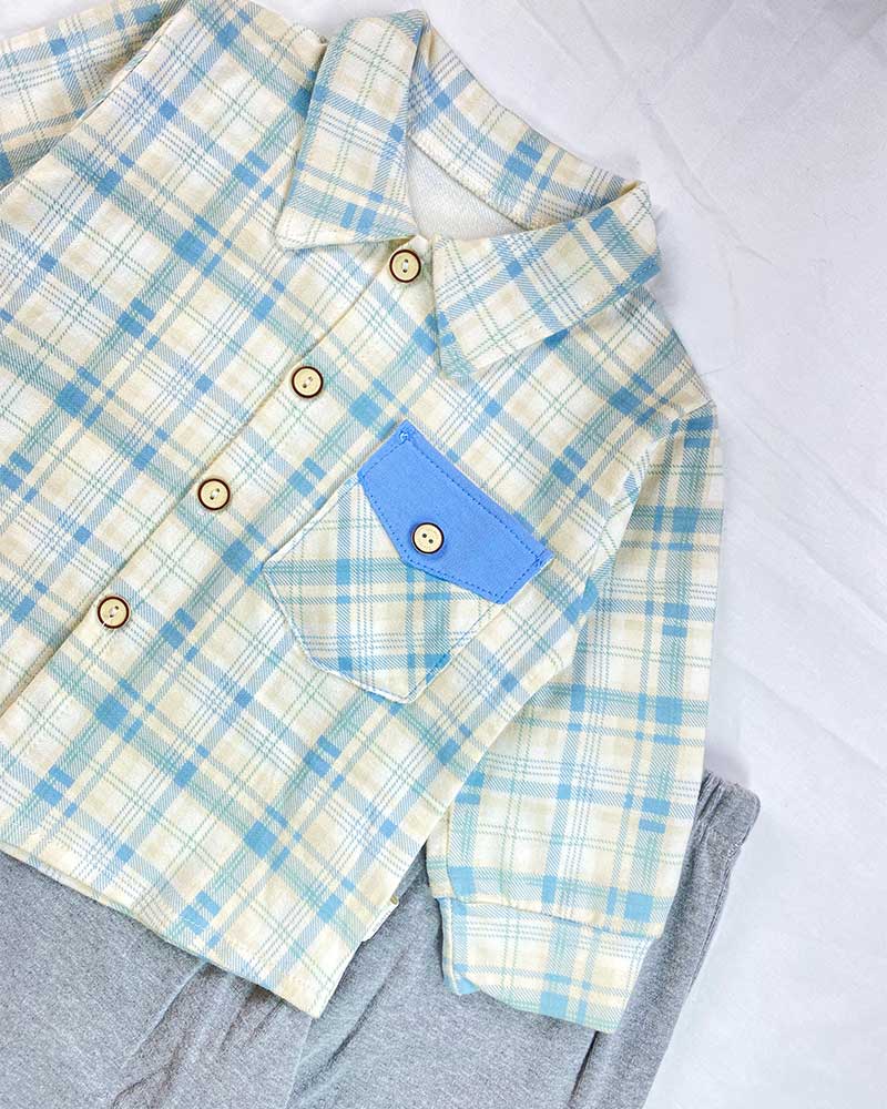 Boys’ Casual Check Set – Blue & Grey