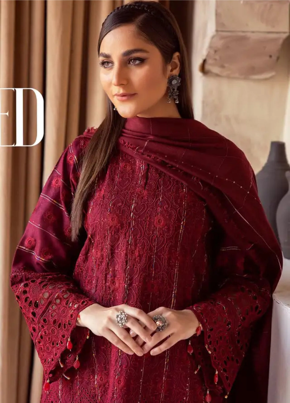 Mahees by Riaz Arts Embroidered Leather Peach Suits Unstitched 3 Piece - Winter Collection