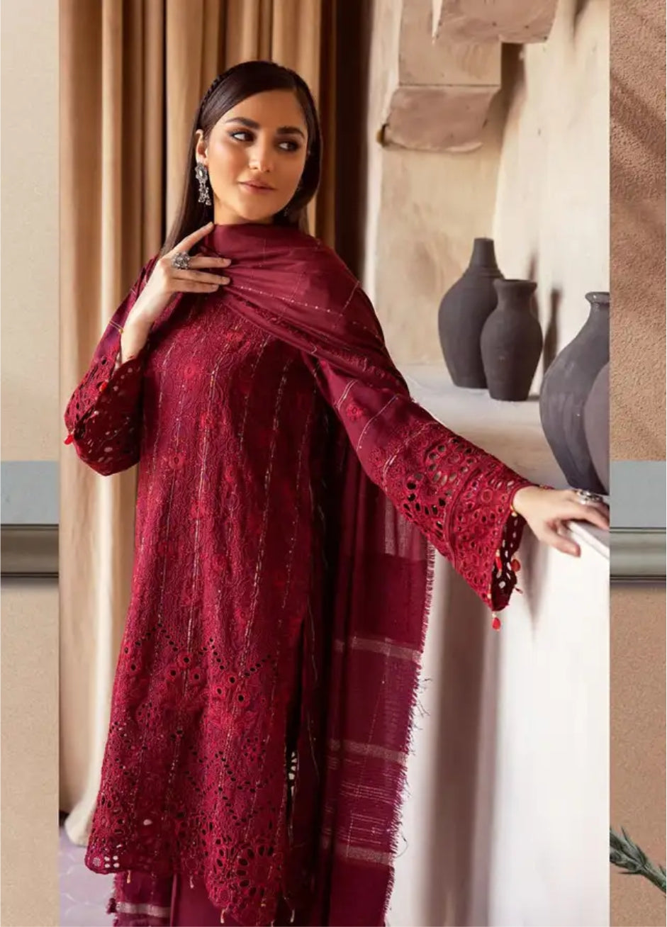 Mahees by Riaz Arts Embroidered Leather Peach Suits Unstitched 3 Piece - Winter Collection