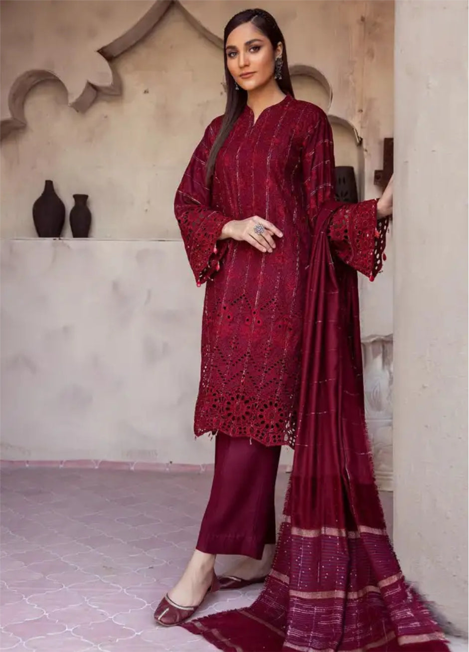 Mahees by Riaz Arts Embroidered Leather Peach Suits Unstitched 3 Piece - Winter Collection
