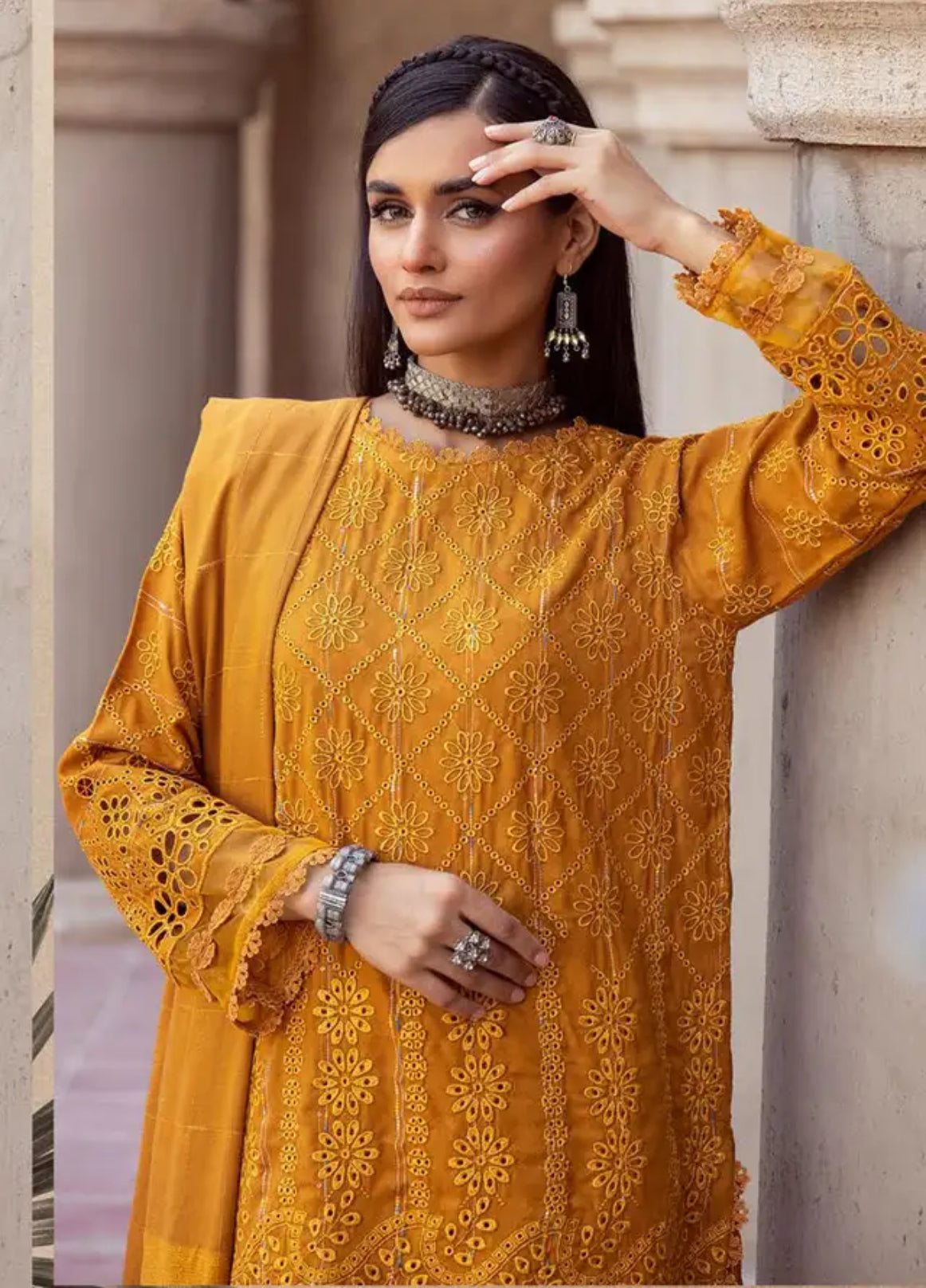 Mahees by Riaz Arts Embroidered Leather Peach Suits Unstitched 3 Piece - Winter Collection
