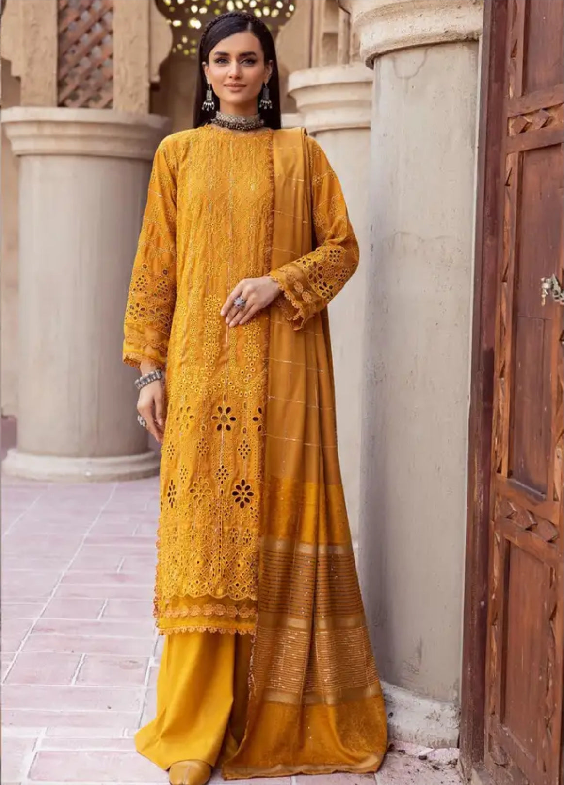 Mahees by Riaz Arts Embroidered Leather Peach Suits Unstitched 3 Piece - Winter Collection