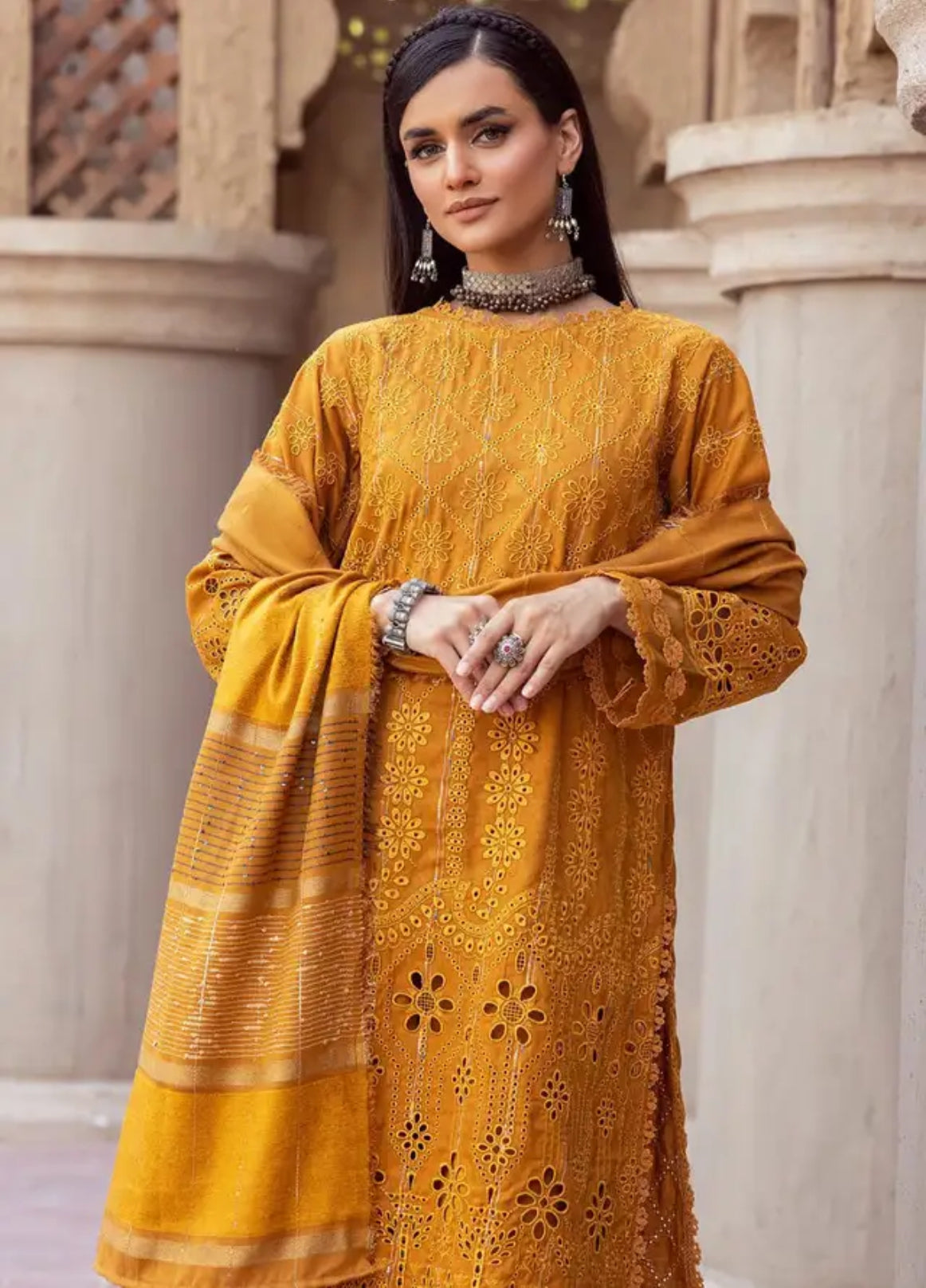 Mahees by Riaz Arts Embroidered Leather Peach Suits Unstitched 3 Piece - Winter Collection