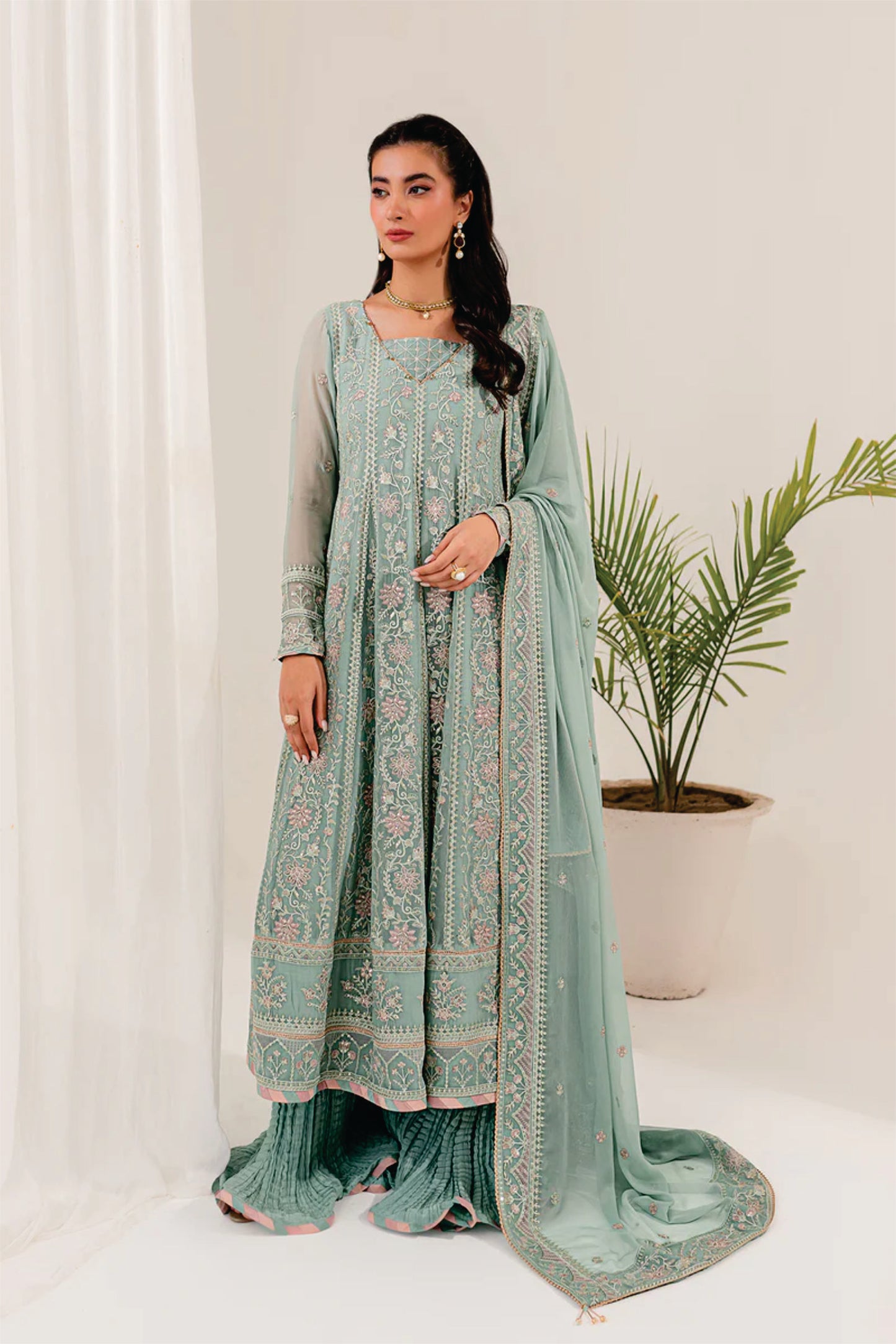 Ladies EMBROIDERED Chiffon Frock Thistle By Farasha