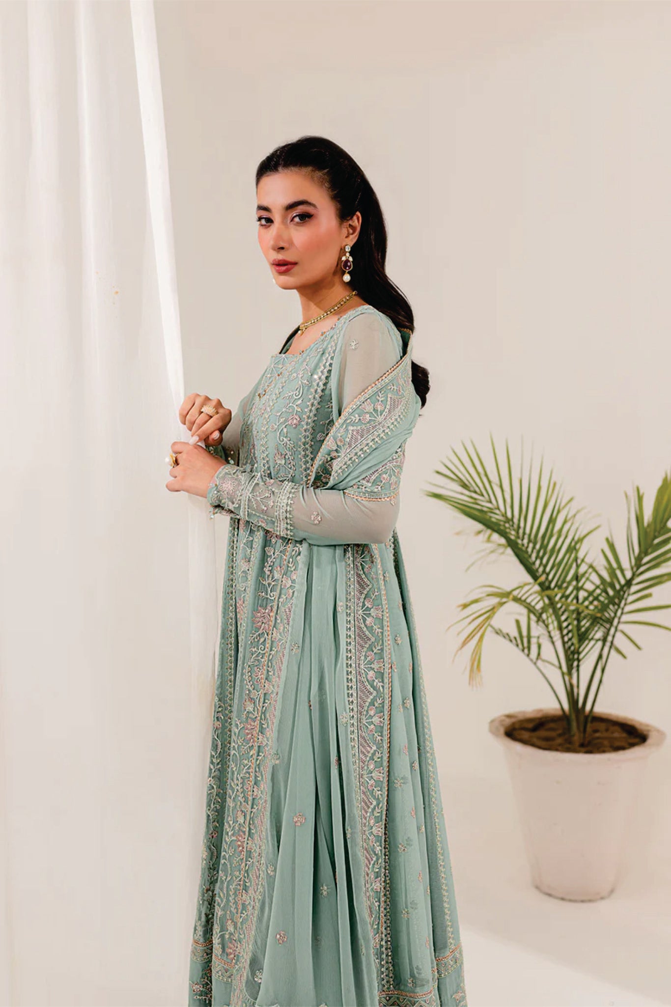 Ladies EMBROIDERED Chiffon Frock Thistle By Farasha