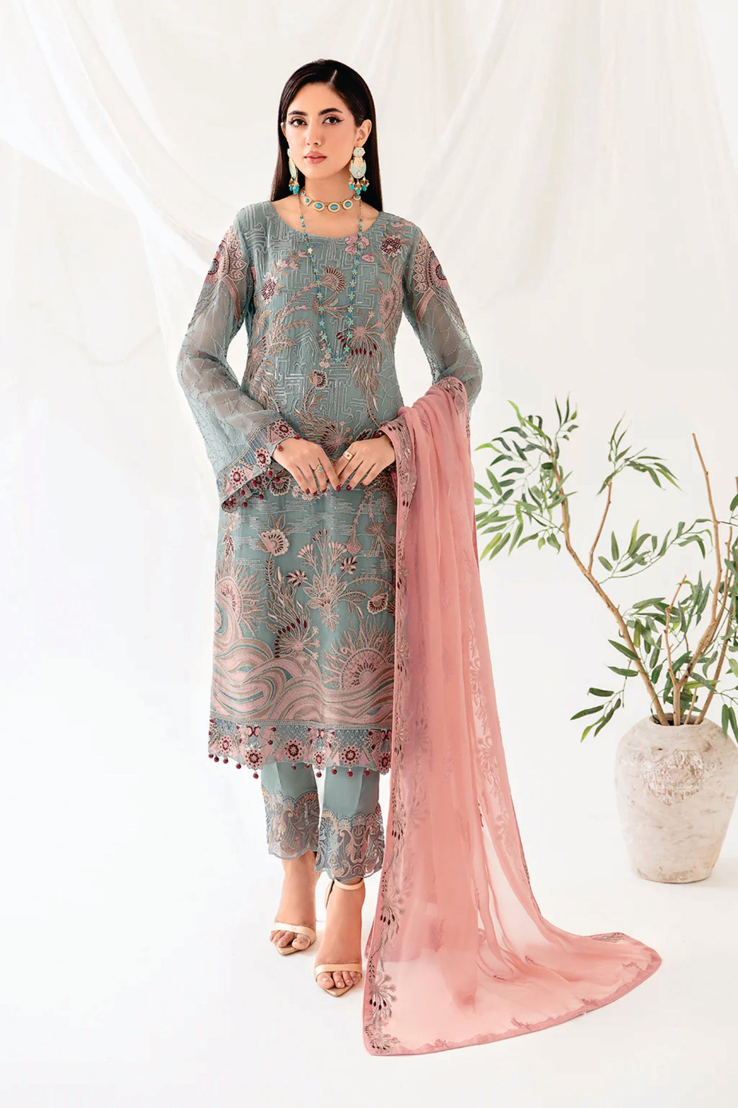 Ladies EMBROIDERED Chiffon Suit RANGOON by Ramsha