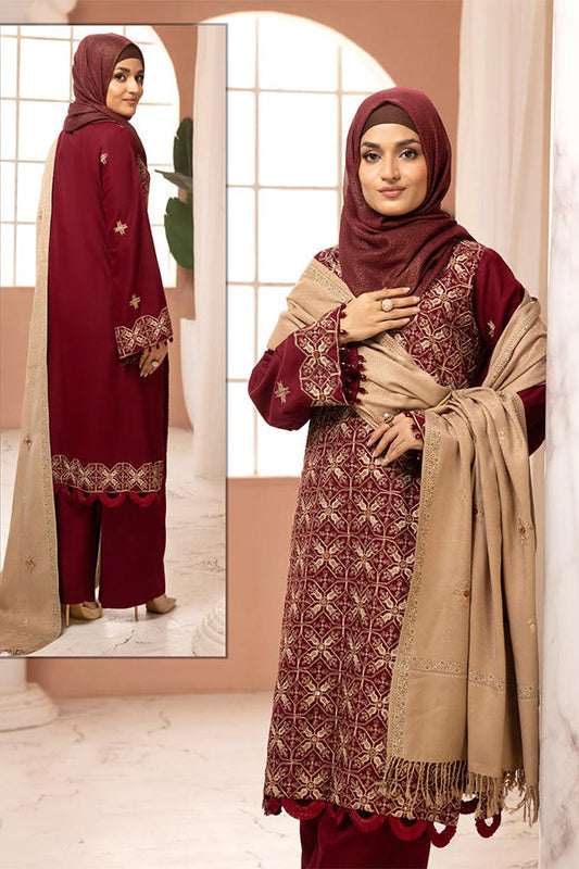 Gul e Zarki 3pc Embroidered Whool Touch Pashmina with Kingarri Shawl by Riaz art