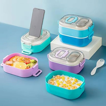Colorful Double-Layer Lunch Box with Mobile Stand – Smart &Stylish!