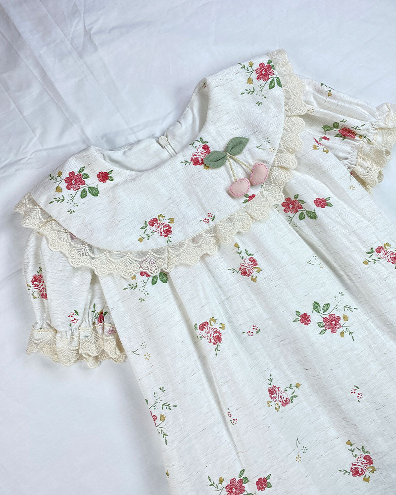 Floral Baby Frock with Cherry Appliqué & Lace Detailing
