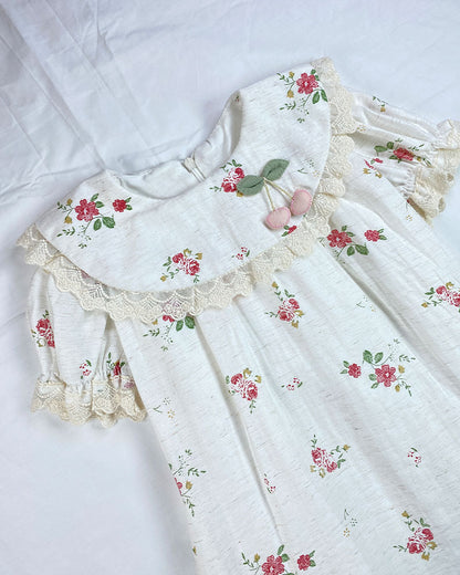Floral Baby Frock with Cherry Appliqué & Lace Detailing