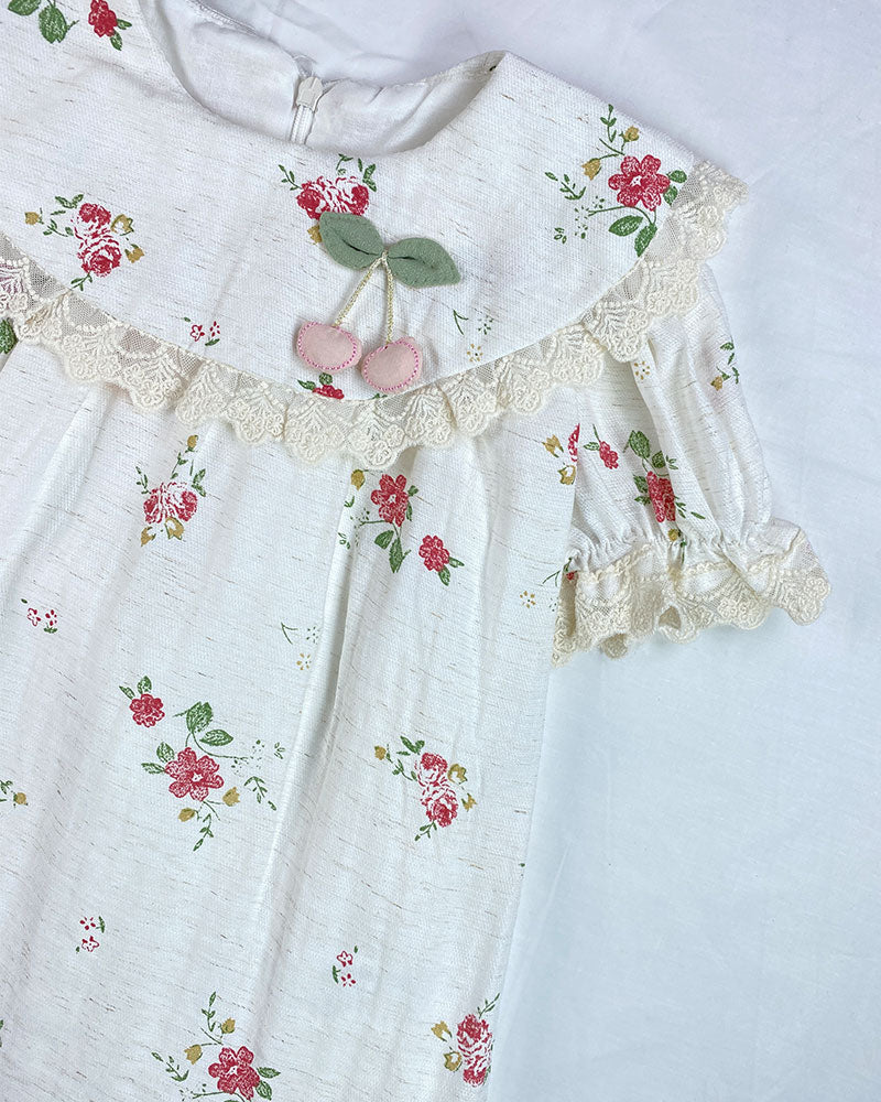 Floral Baby Frock with Cherry Appliqué & Lace Detailing
