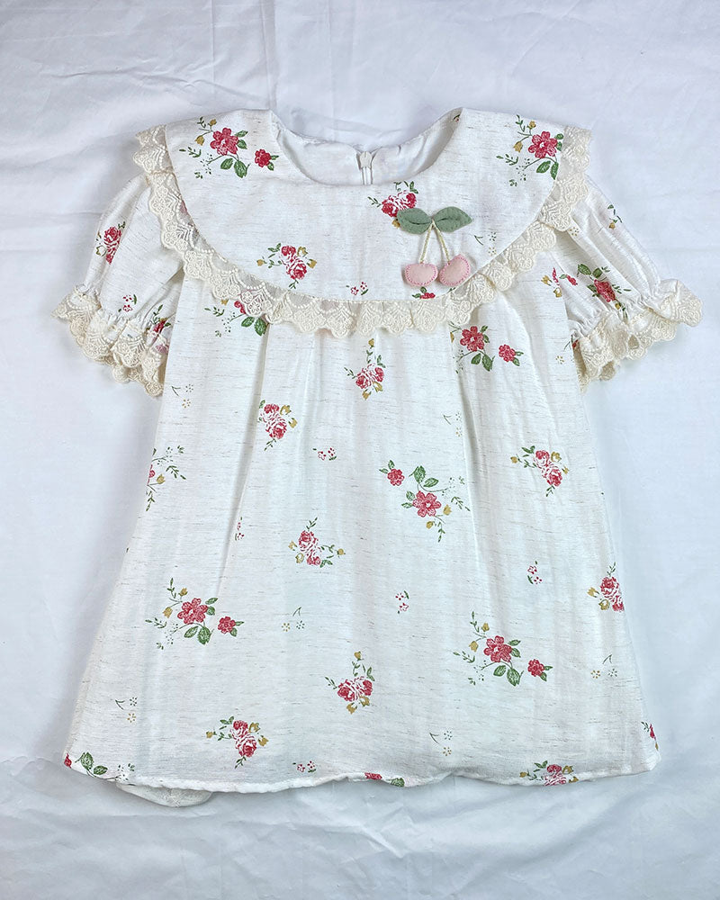 Floral Baby Frock with Cherry Appliqué & Lace Detailing
