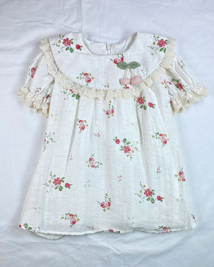 Floral Baby Frock with Cherry Appliqué & Lace Detailing