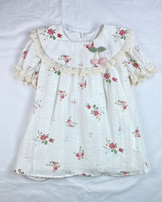 Floral Baby Frock with Cherry Appliqué & Lace Detailing