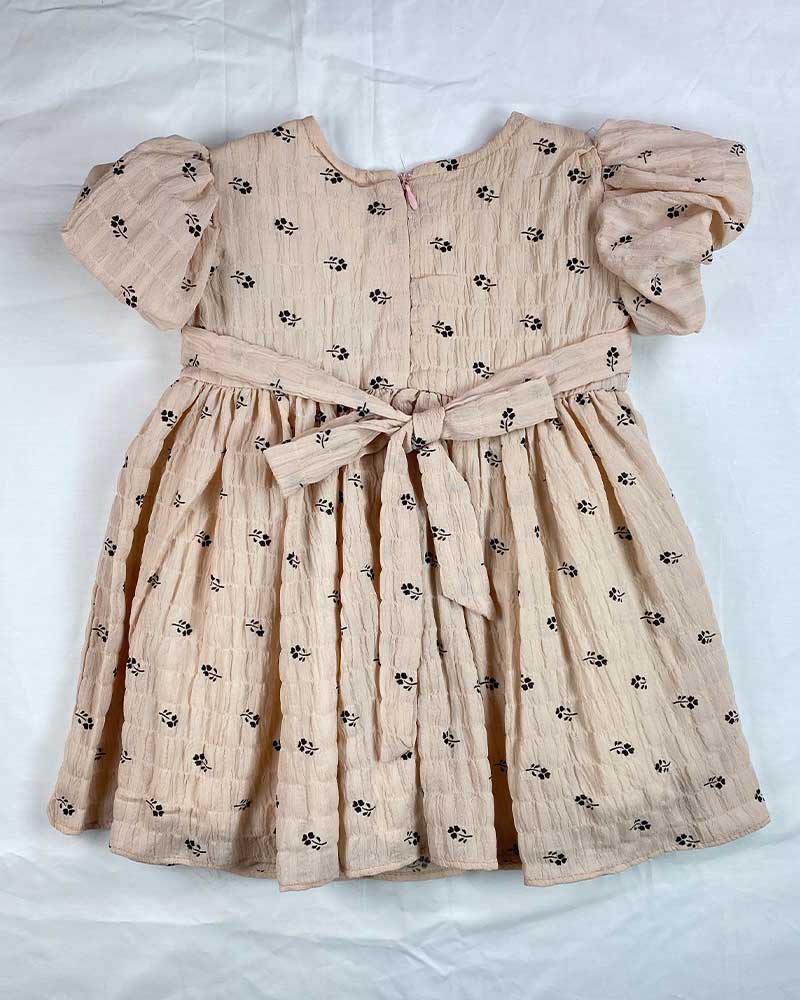 Peach Puff Sleeve Baby Dress with Tiny Floral Print
