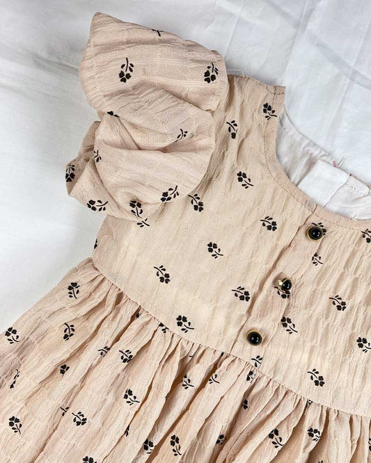 Peach Puff Sleeve Baby Dress with Tiny Floral Print