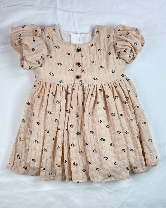 Peach Puff Sleeve Baby Dress with Tiny Floral Print