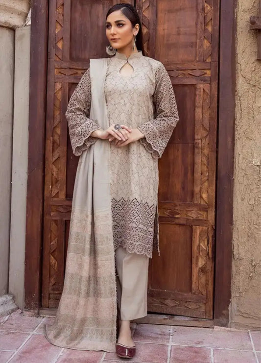 Mahees by Riaz Arts Embroidered Leather Peach Suits Unstitched 3 Piece - Winter Collection