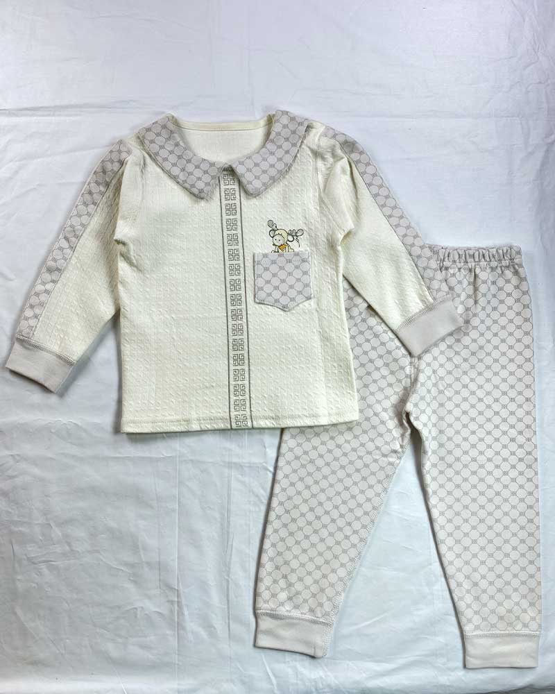 Kids’ Cream & Grey Printed Nightwear Set with Cartoon Motif