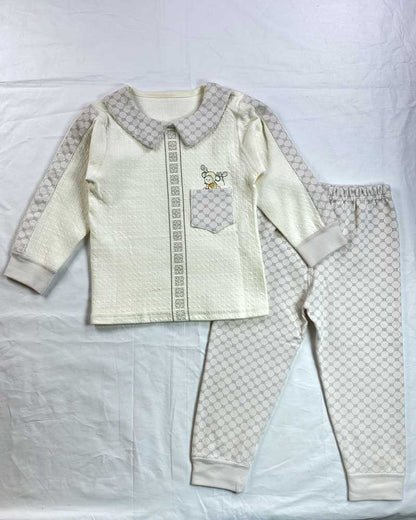 Kids’ Cream & Grey Printed Nightwear Set with Cartoon Motif