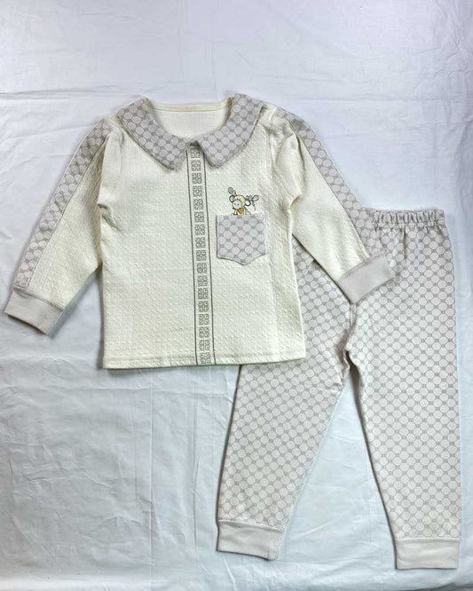 Kids’ Cream & Grey Printed Nightwear Set with Cartoon Motif
