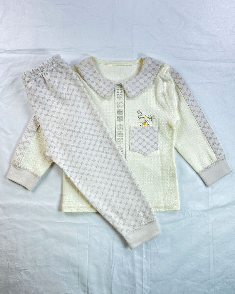 Kids’ Cream & Grey Printed Nightwear Set with Cartoon Motif
