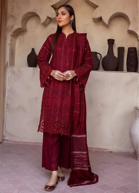 Mahees by Riaz Arts Embroidered Leather Peach Suits Unstitched 3 Piece - Winter Collection