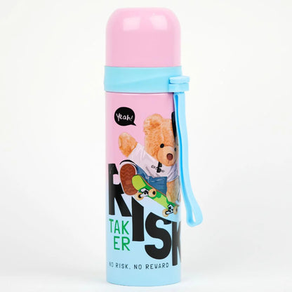 Pink Thermos With Teddy Bear On Skateboard | Insulated Water Bottle