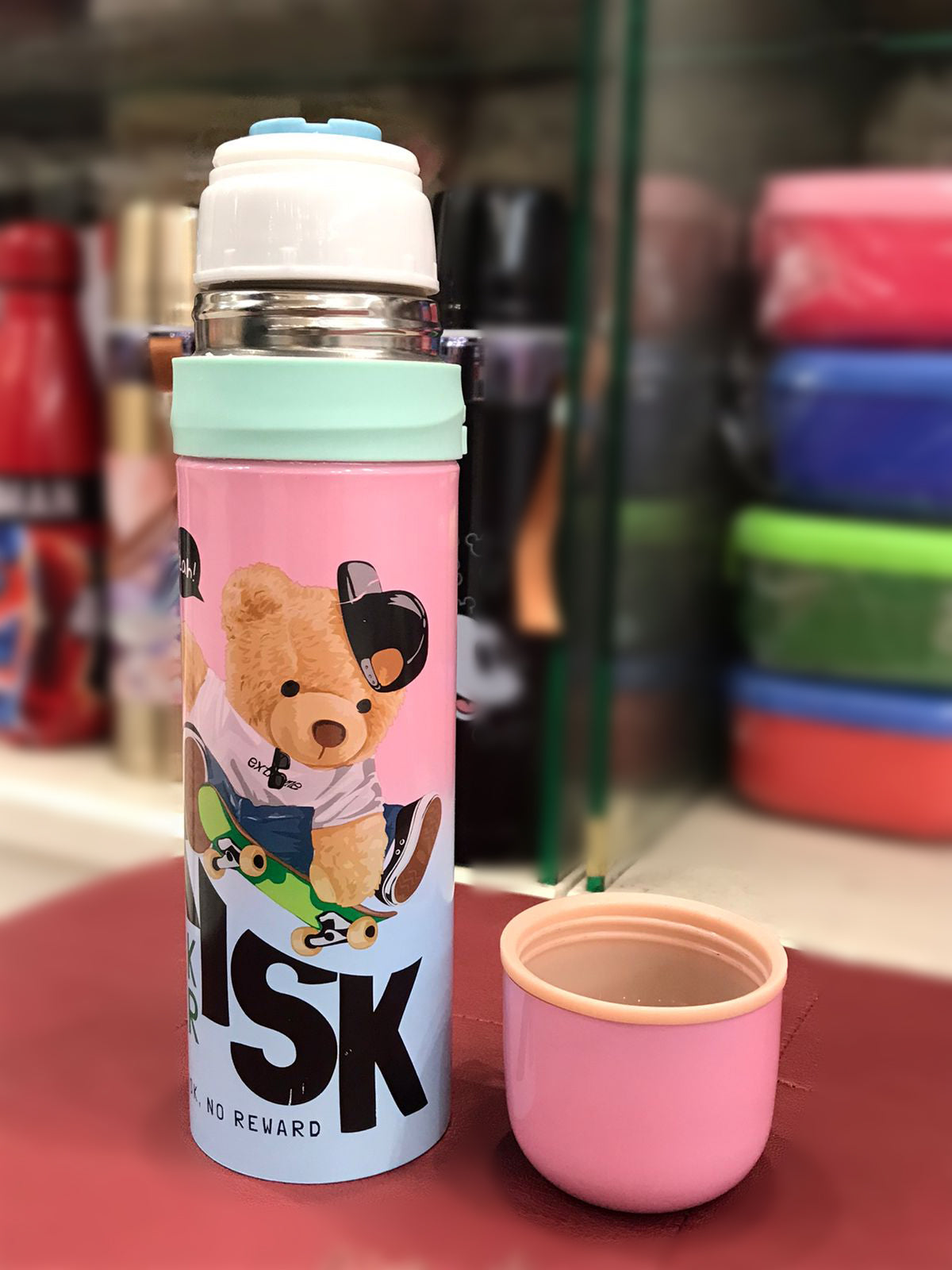 Pink Thermos With Teddy Bear On Skateboard | Insulated Water Bottle