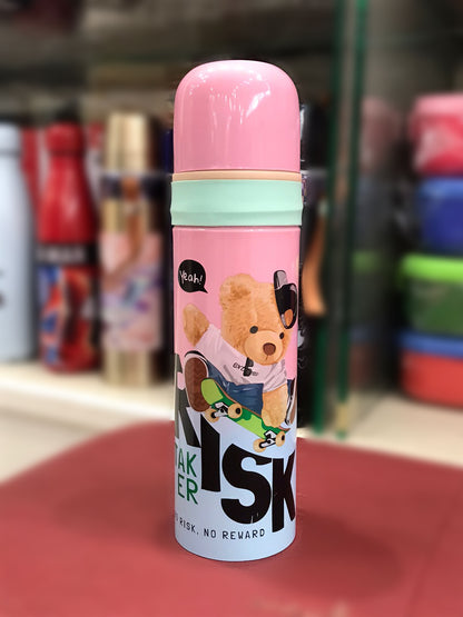 Pink Thermos With Teddy Bear On Skateboard | Insulated Water Bottle