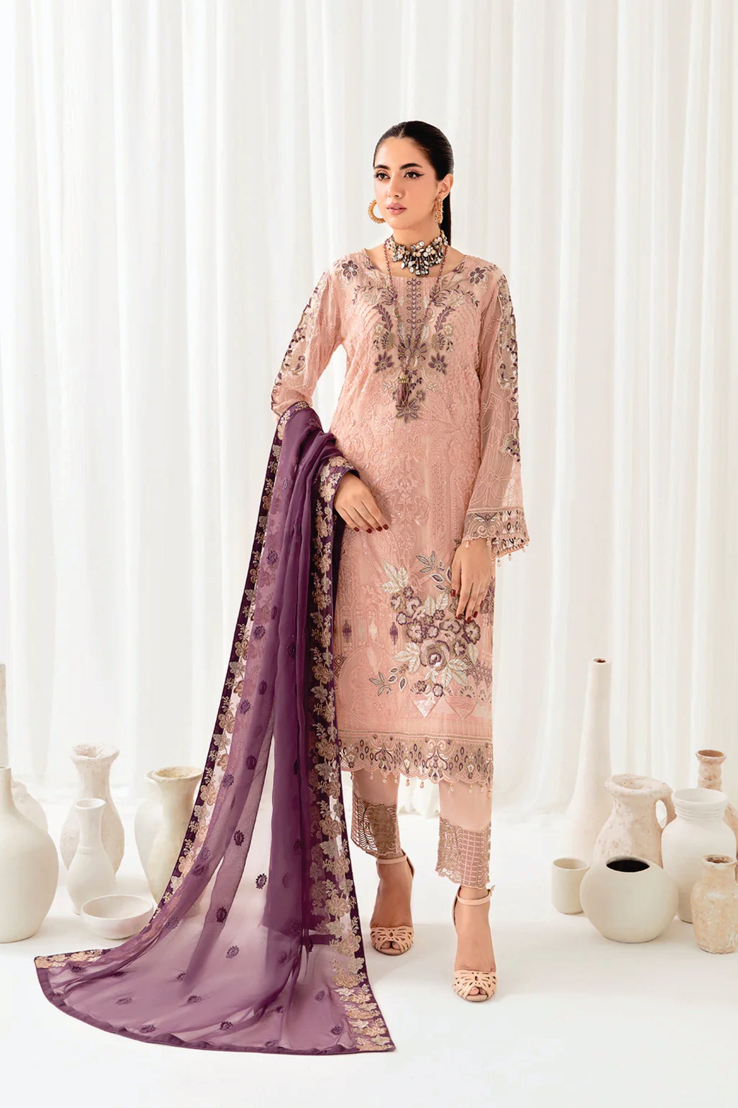 Ladies EMBROIDERED Chiffon Suit Rangoon by Ramsha