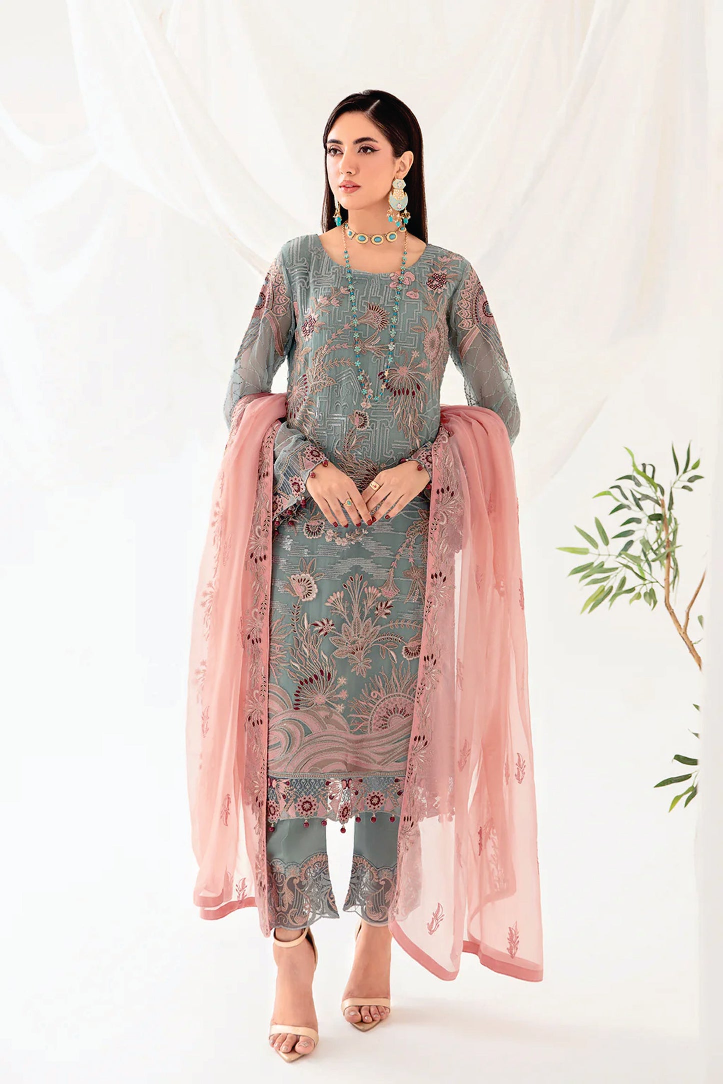 Ladies EMBROIDERED Chiffon Suit Rangoon by Ramsha